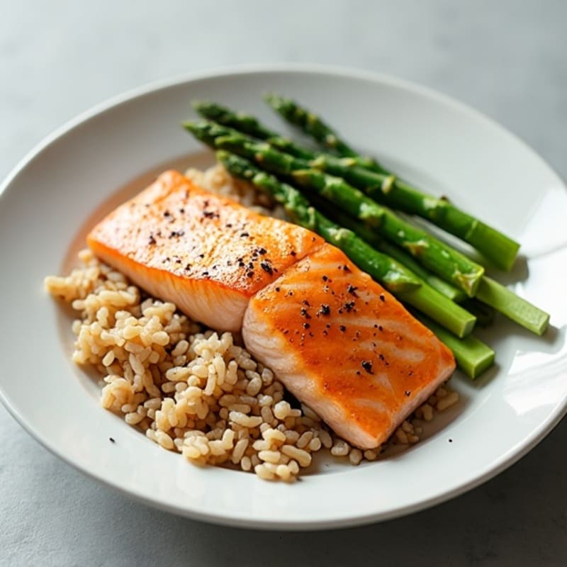 Seared Salmon with Steamed Asparagus and Brown Rice