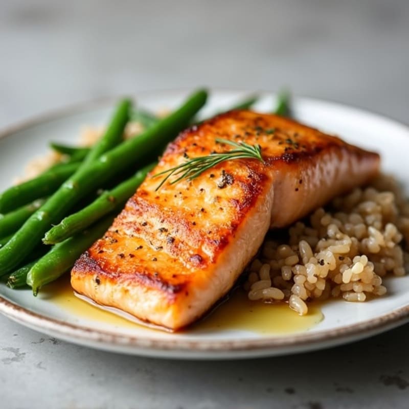Seared Salmon with Steamed Green Beans and Brown Rice