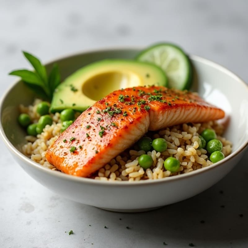 Seared Salmon Rice Bowl with Creamy Avocado and Fresh Vegetables