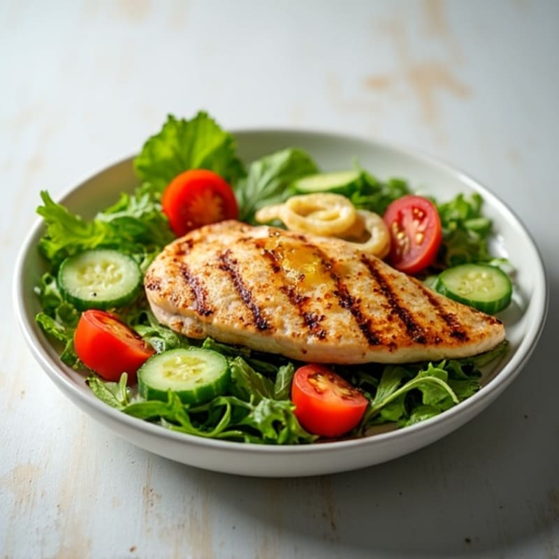 Grilled Chicken Breast Salad with Cucumber and Tomato