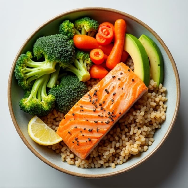 Fresh Salmon Brown Rice Bowl with Creamy Avocado and Crunchy Vegetables