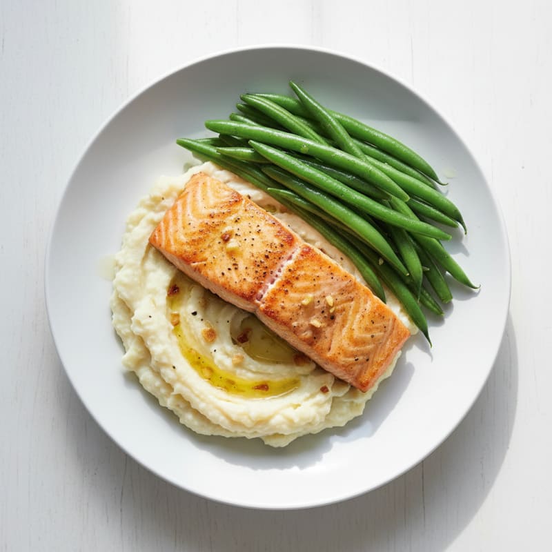 Seared Salmon with Steamed Green Beans and Garlic Mashed Cauliflower