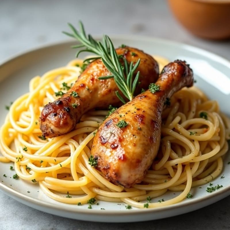 Herb-Roasted Chicken Legs with Garlic Parmesan Spaghetti