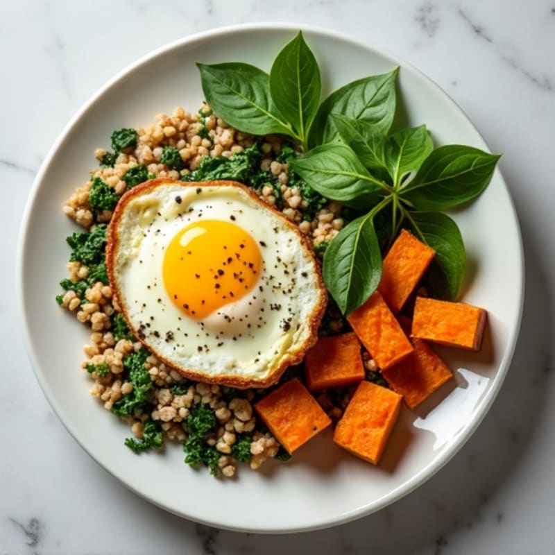 Egg White and Turkey Spinach Scramble with Roasted Sweet Potato