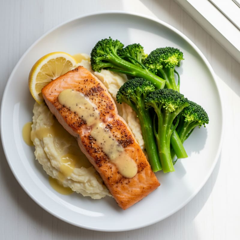 Seared Salmon with Creamy Garlic Cauliflower Mash and Steamed Broccoli
