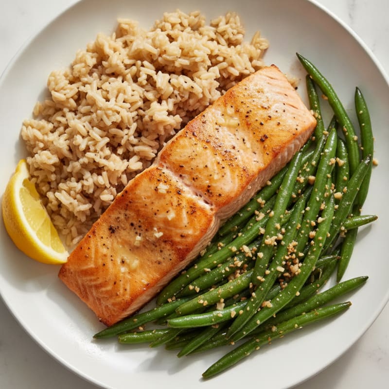 Seared Salmon with Garlic Green Beans and Brown Rice
