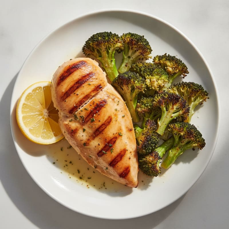Grilled Chicken Breast with Roasted Broccoli and Lemon