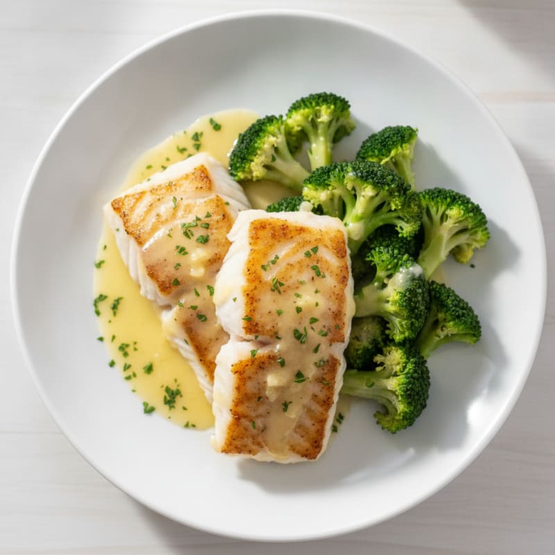 Seared Cod with Steamed Broccoli and Lemon-Garlic Sauce