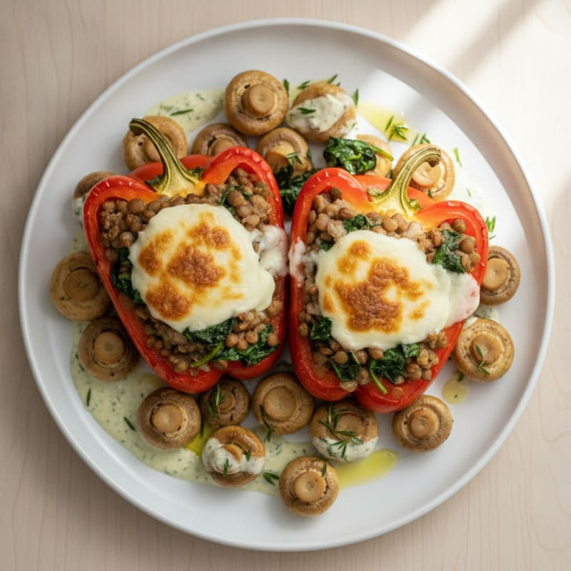 Cheesy Lentil and Spinach Stuffed Peppers with Herb-Roasted Mushrooms