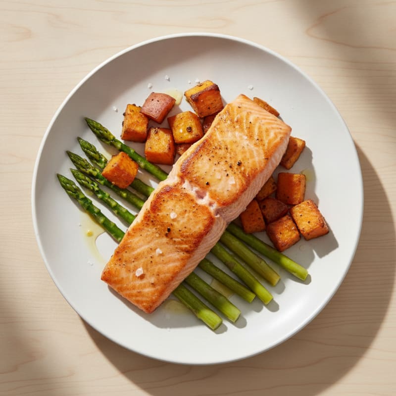Seared Salmon Fillet with Roasted Sweet Potatoes and Asparagus