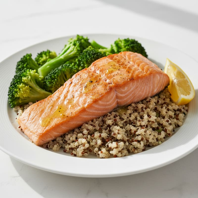Seared Salmon Fillet with Steamed Broccoli and Quinoa