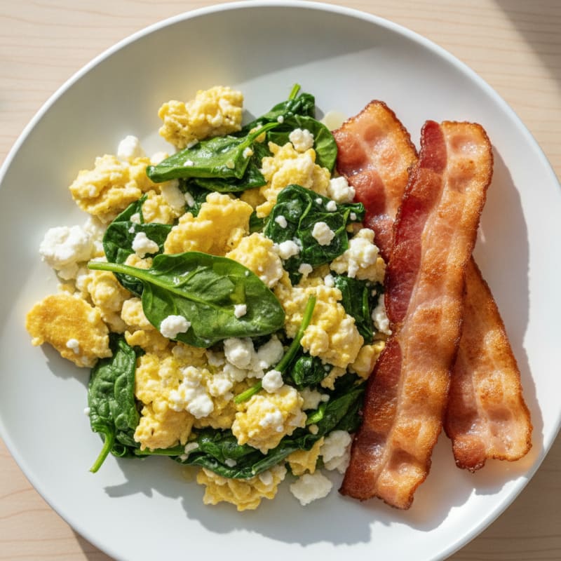 Cottage Cheese Egg Scramble with Spinach and Turkey Bacon