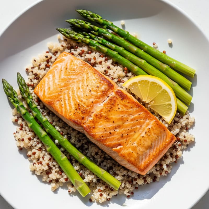 Seared Salmon with Steamed Asparagus and Quinoa