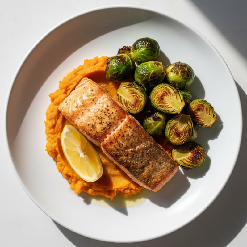 Seared Salmon Fillet with Roasted Brussels Sprouts and Sweet Potato Mash