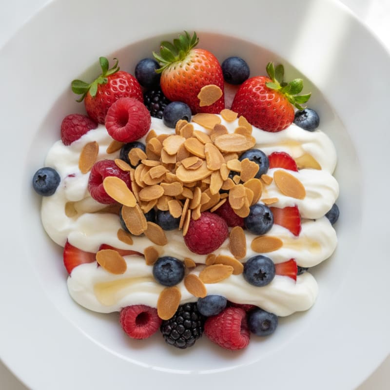 Silky Protein Yogurt Parfait with Mixed Berries and Almonds
