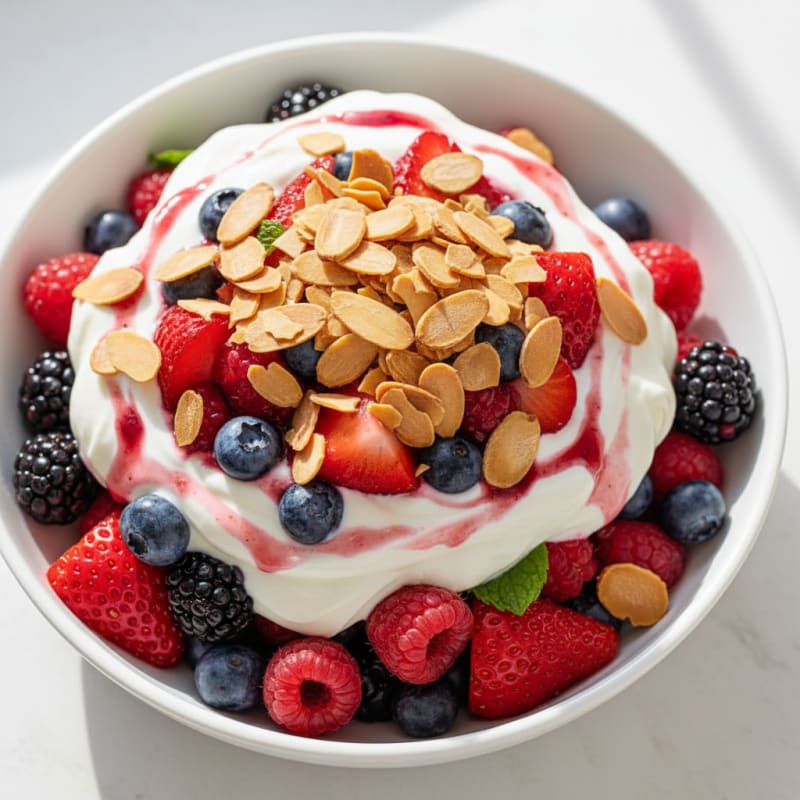 Greek Yogurt Protein Parfait with Mixed Berries and Almonds