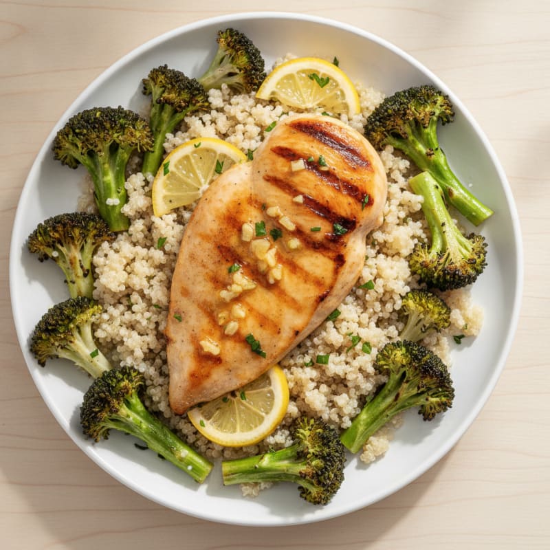 Grilled Lemon-Garlic Chicken Breast with Quinoa and Broccoli