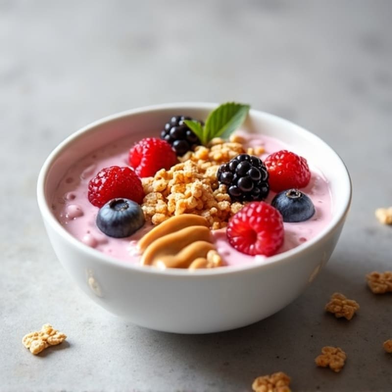 Creamy Greek Yogurt with Mixed Berries, Peanut Butter, and Crunchy Cereal