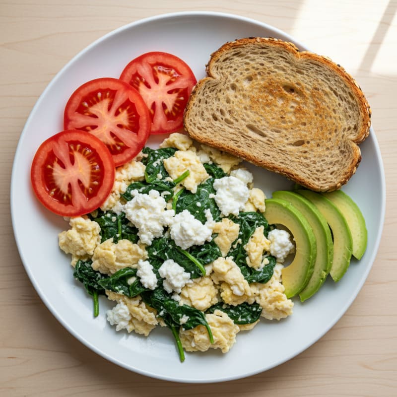 Egg White Spinach Scramble with Cottage Cheese and Fresh Tomato