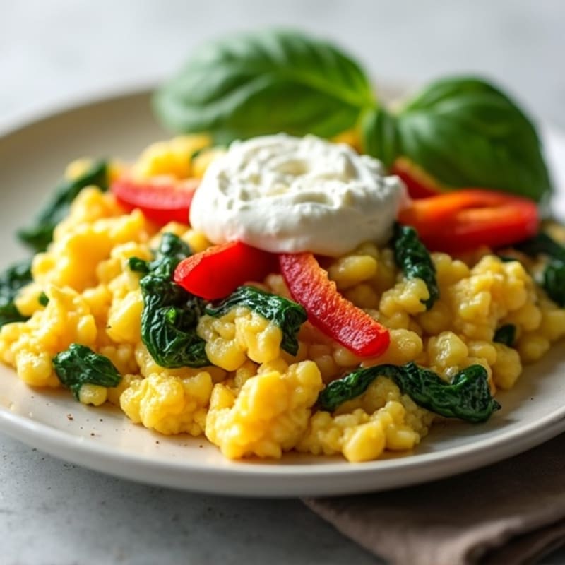 Fluffy Scrambled Eggs with Fresh Spinach, Bell Peppers, and Cottage Cheese