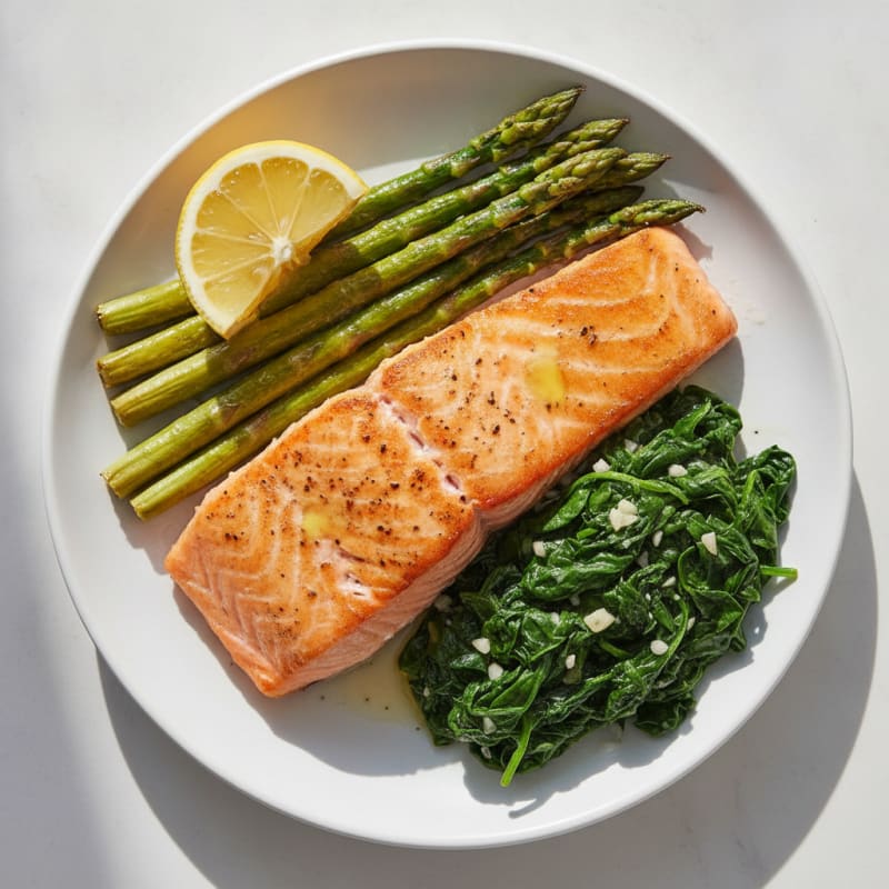 Pan-Seared Salmon with Asparagus and Garlic Sautéed Spinach