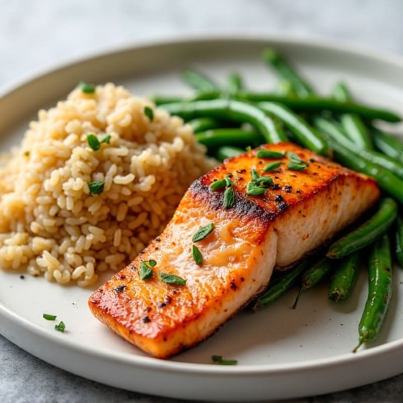 Seared Salmon with Garlic Green Beans and Brown Rice