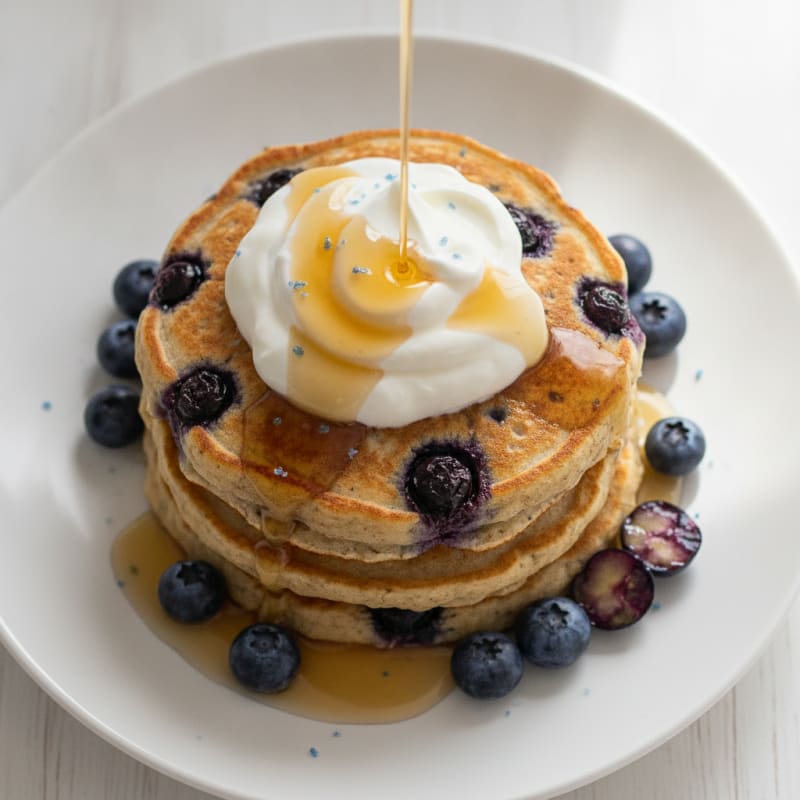 Blueberry Ricotta Pancakes with Maple Syrup
