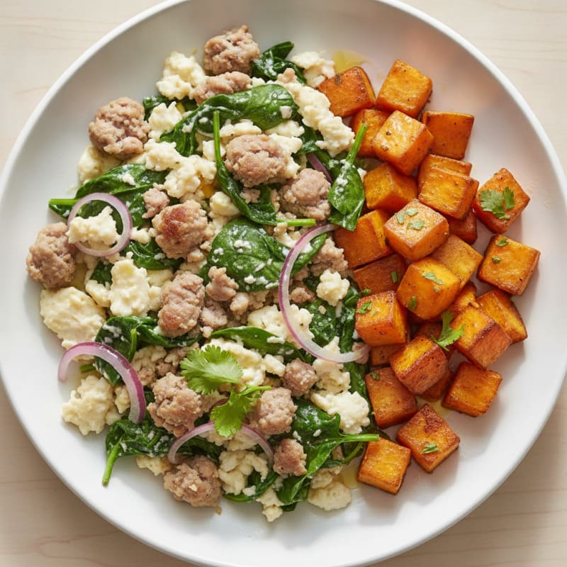 Egg White and Turkey Sausage Scramble with Spinach and Roasted Sweet Potato