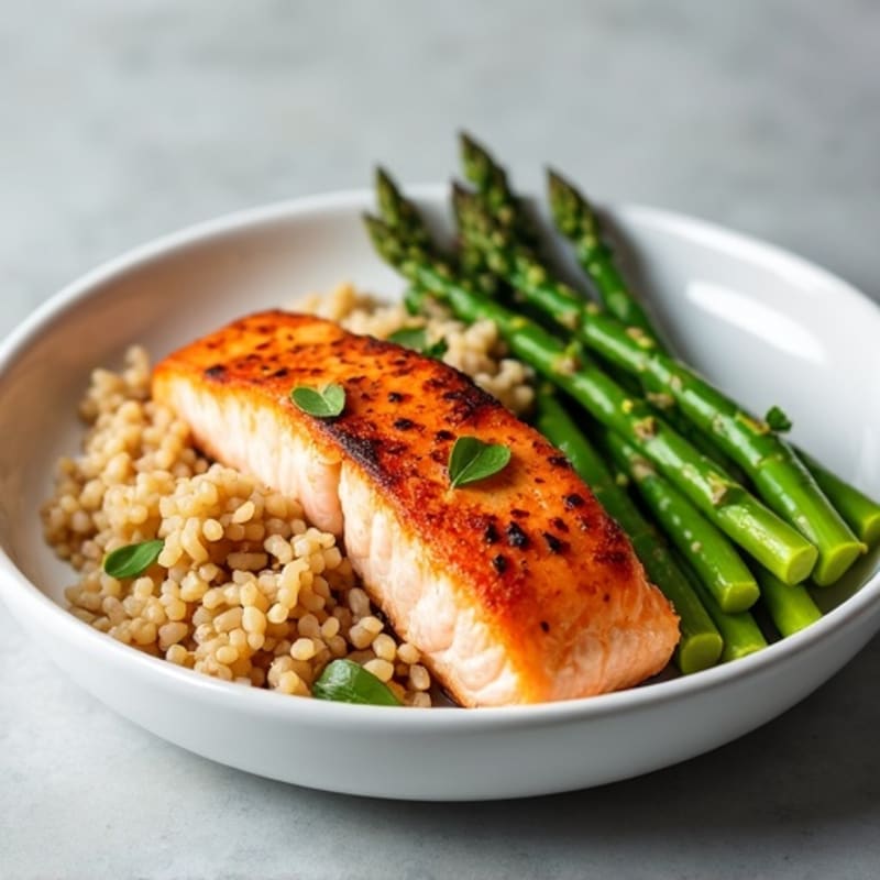 Seared Salmon with Steamed Asparagus and Brown Rice