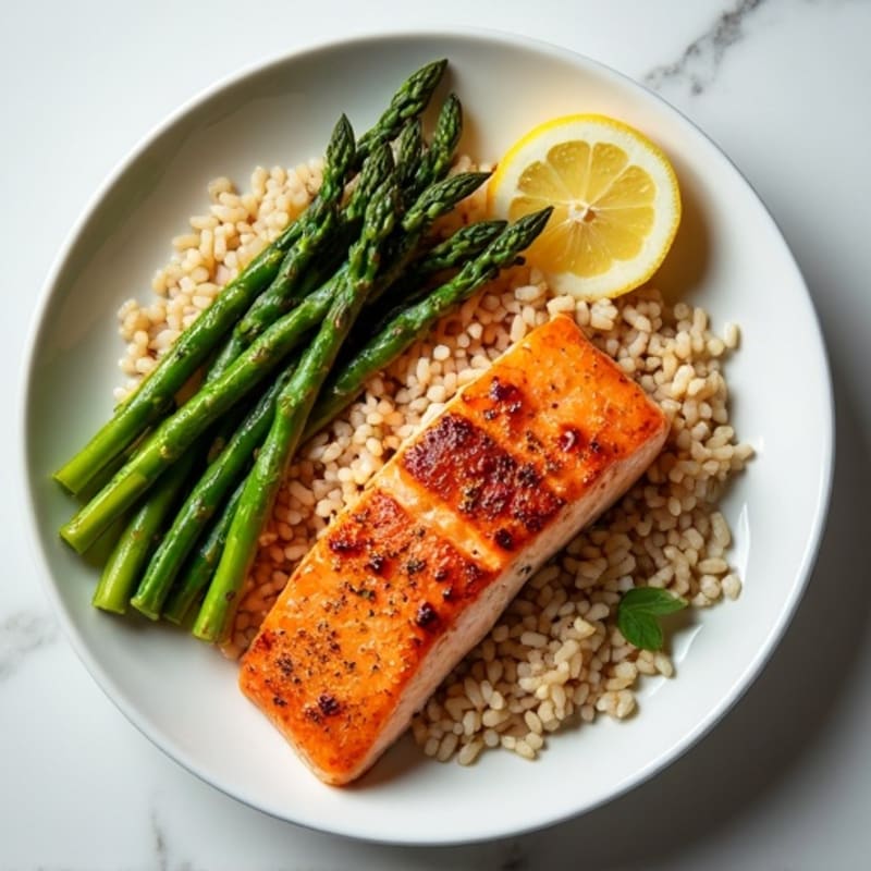 Seared Salmon with Steamed Asparagus and Brown Rice
