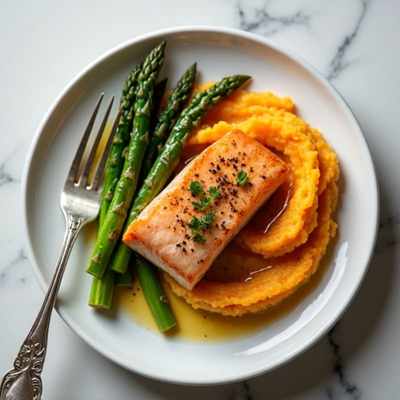 Seared Salmon with Steamed Asparagus and Sweet Potato Mash