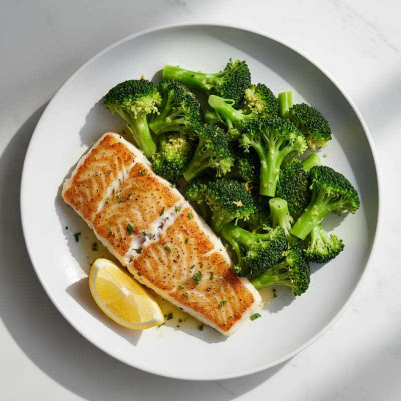 Seared Cod with Steamed Broccoli and Lemon