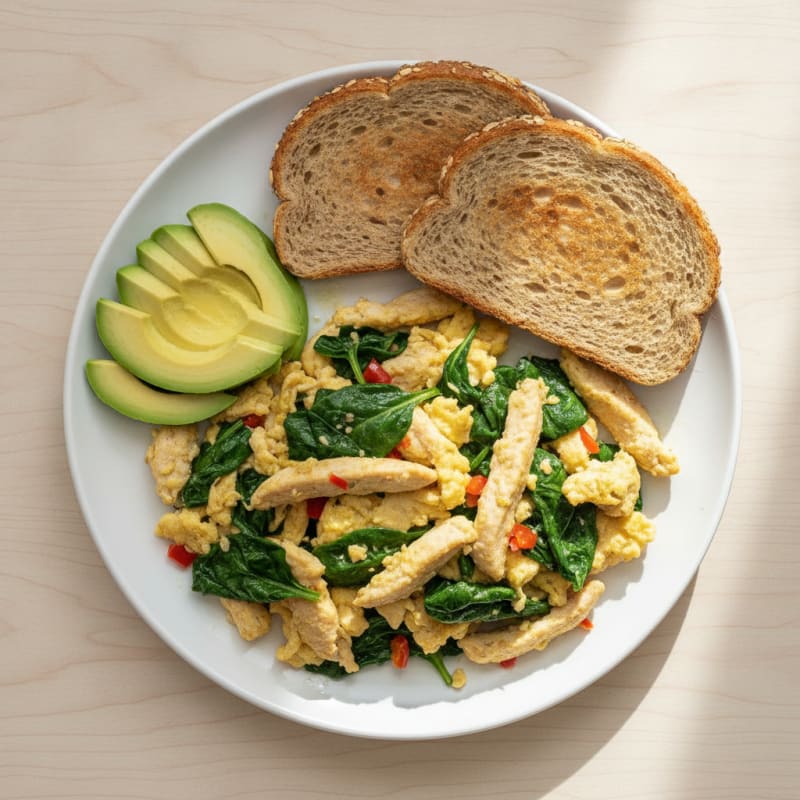 Scrambled Eggs with Chicken Breast and Spinach