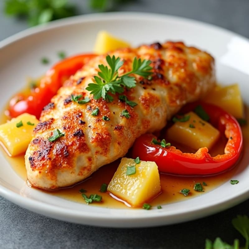 Crispy Baked Sweet and Sour Chicken with Roasted Pineapple and Bell Peppers