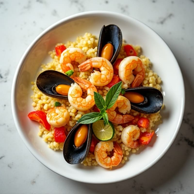 Seafood and Saffron Rice Skillet with Crispy Vegetables