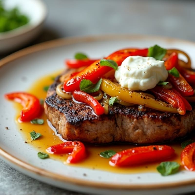 Skillet Steak with Sautéed Peppers, Onions, and Creamy Cheese
