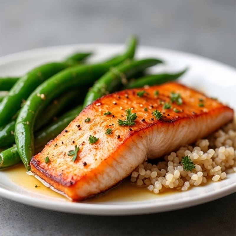 Seared Salmon Fillet with Garlic Green Beans and Brown Rice