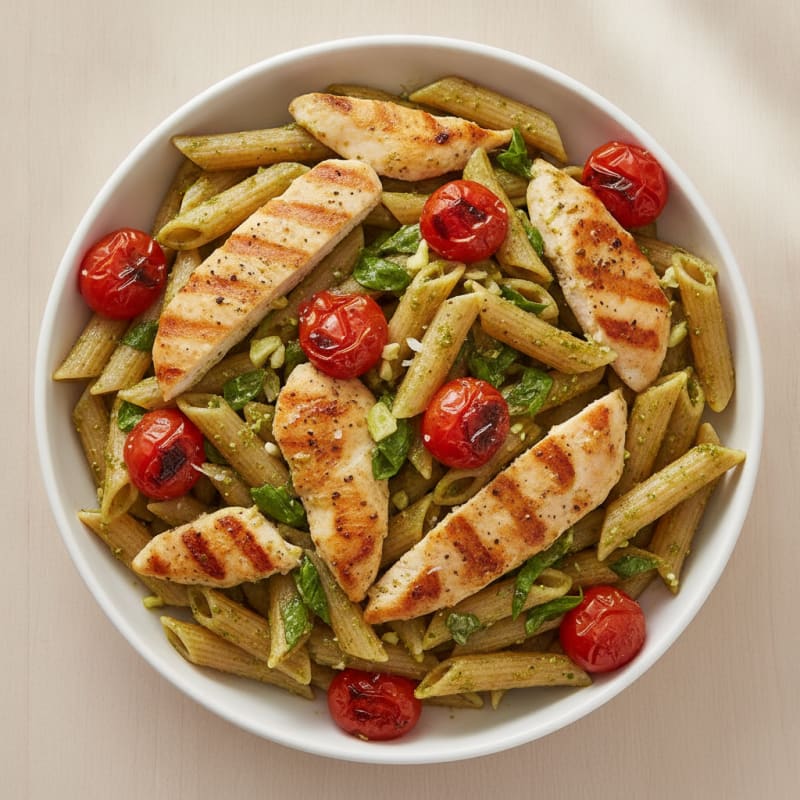 Pesto Chicken Pasta with Blistered Tomatoes