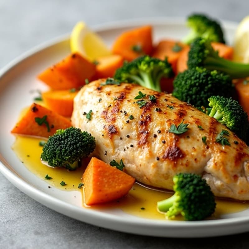 Lemon Garlic Roasted Chicken with Crispy Broccoli and Sweet Potatoes