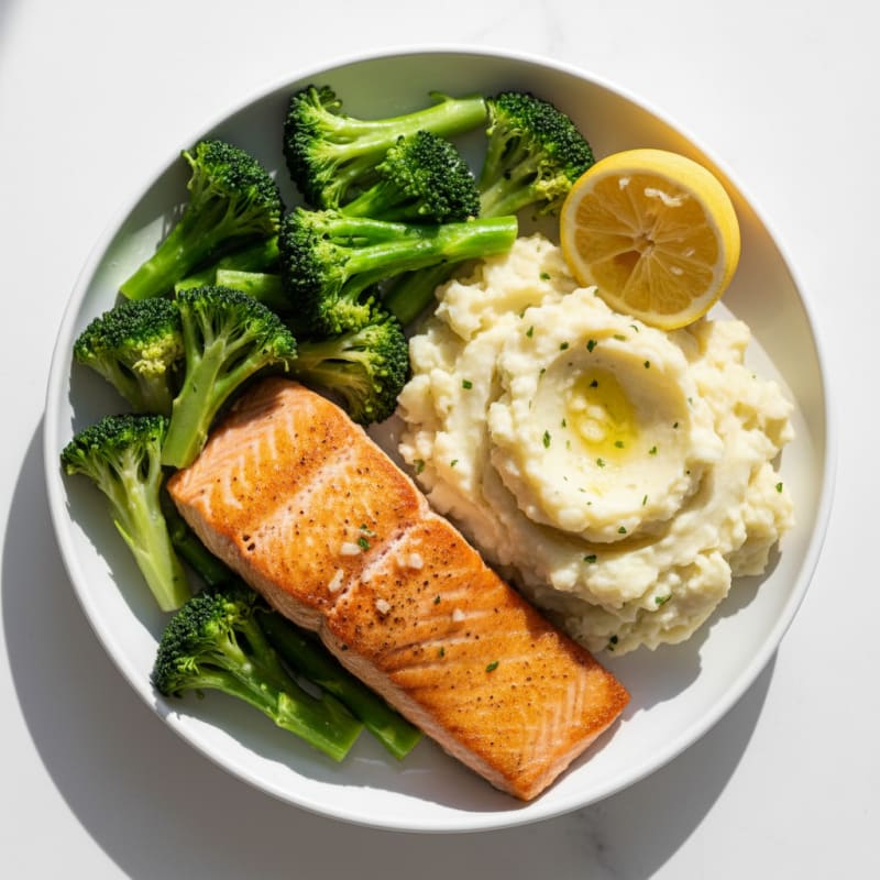 Seared Salmon with Steamed Broccoli and Garlic Mashed Potatoes