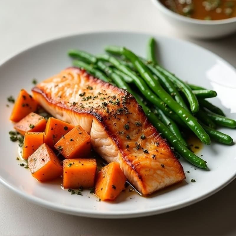 Pan-Seared Salmon with Roasted Sweet Potatoes and Crispy Green Beans