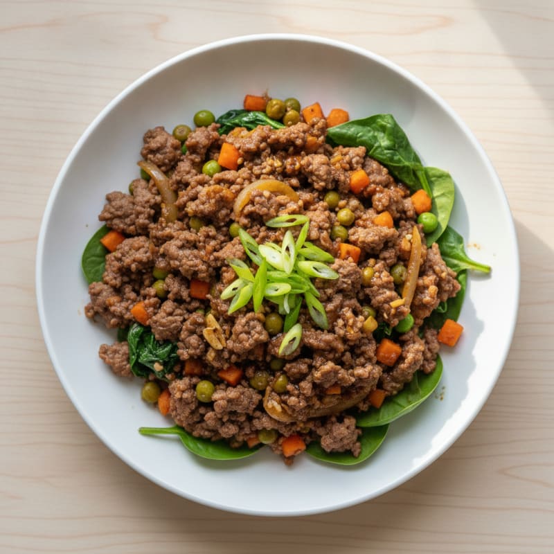 Minced Beef Stir Fry with Frozen Veggies, Garlic, Ginger, and Oyster Soy Sauce