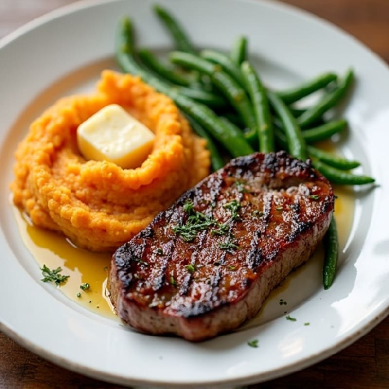 Seared Sirloin Steak with Garlic Green Beans and Sweet Potato Mash