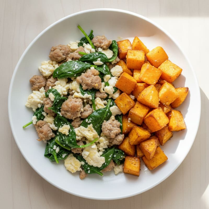 Egg White and Turkey Sausage Scramble with Spinach and Roasted Sweet Potatoes