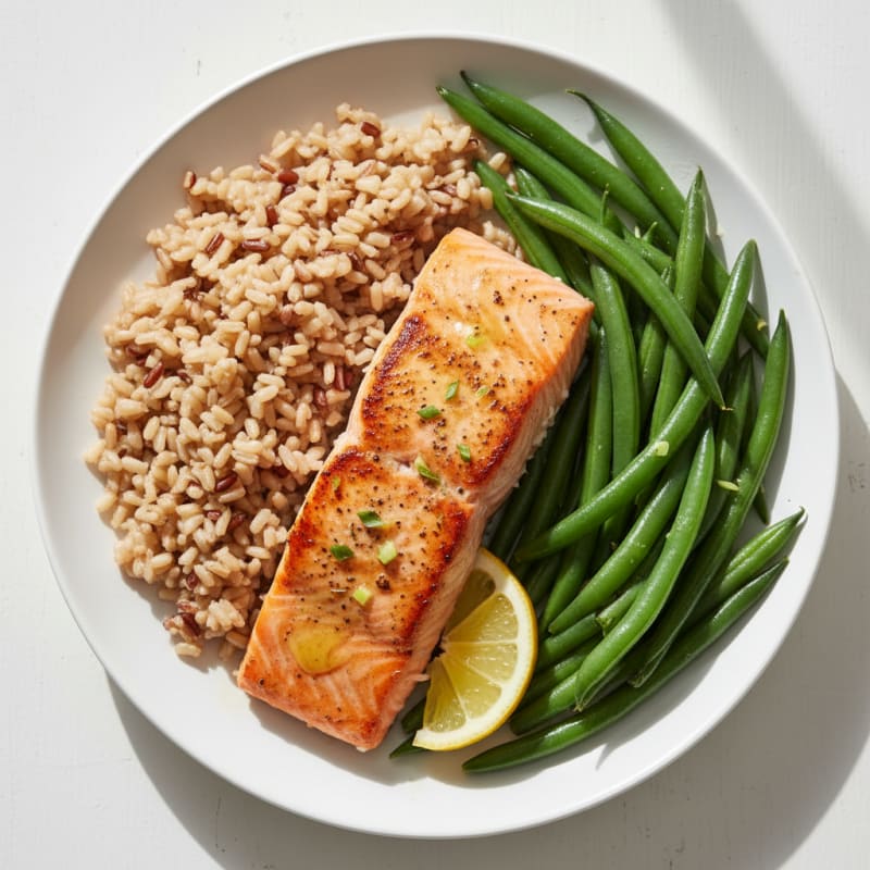 Seared Salmon with Steamed Green Beans and Brown Rice