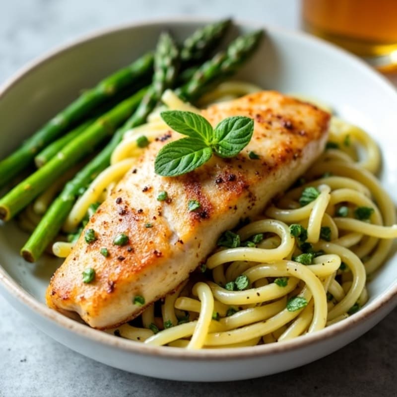 Creamy Chicken Pesto Pasta with Roasted Asparagus