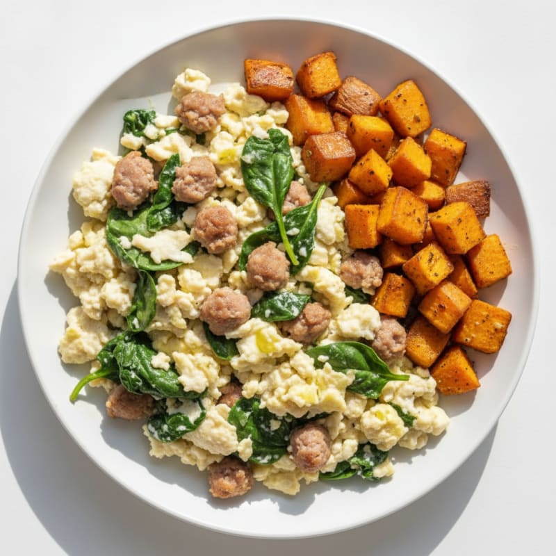 Egg White and Turkey Sausage Scramble with Spinach and Roasted Sweet Potato