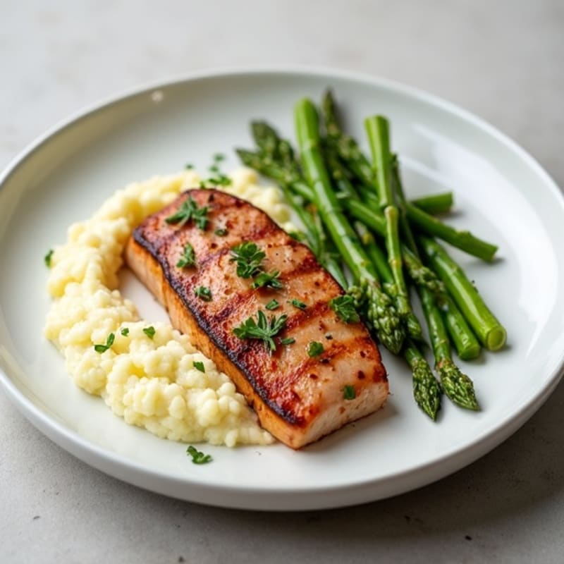 Seared Tuna Steak with Steamed Asparagus and Cauliflower Mash