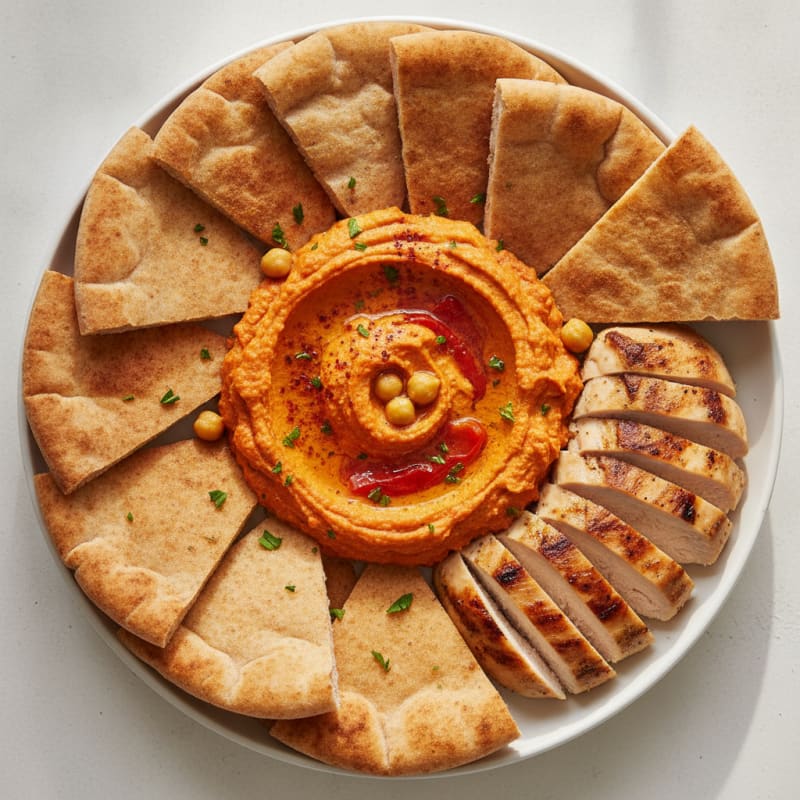 Roasted Red Pepper Hummus with Pita and Grilled Chicken