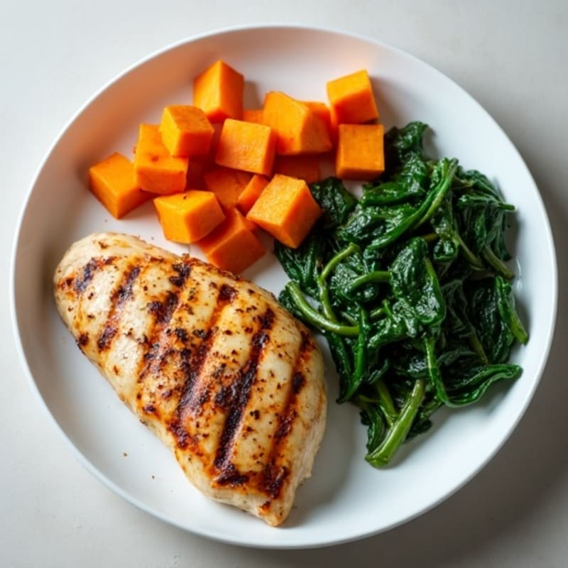 Grilled Chicken with Roasted Sweet Potatoes and Sautéed African Greens